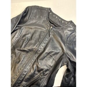 Bradley Black Leather Jacket Grommet Detail Zip Front Motorcycle Biker Women